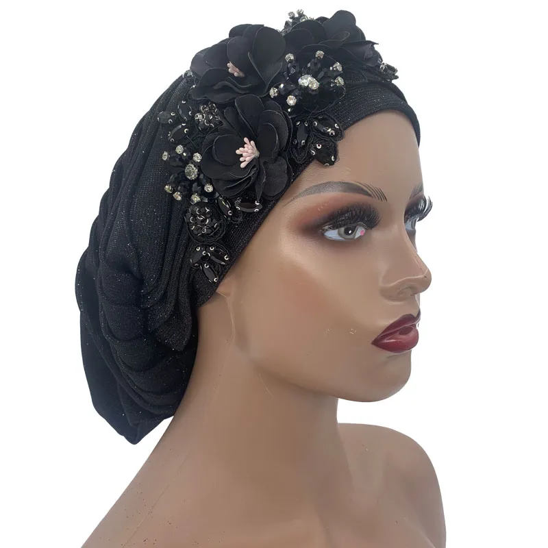 Diadema nigeriana para mujer, gorro de fiesta para mujer, turbante plisado brillante con ramo de diamantes, diadema africana, envoltura para la cabeza, novedad de 2023