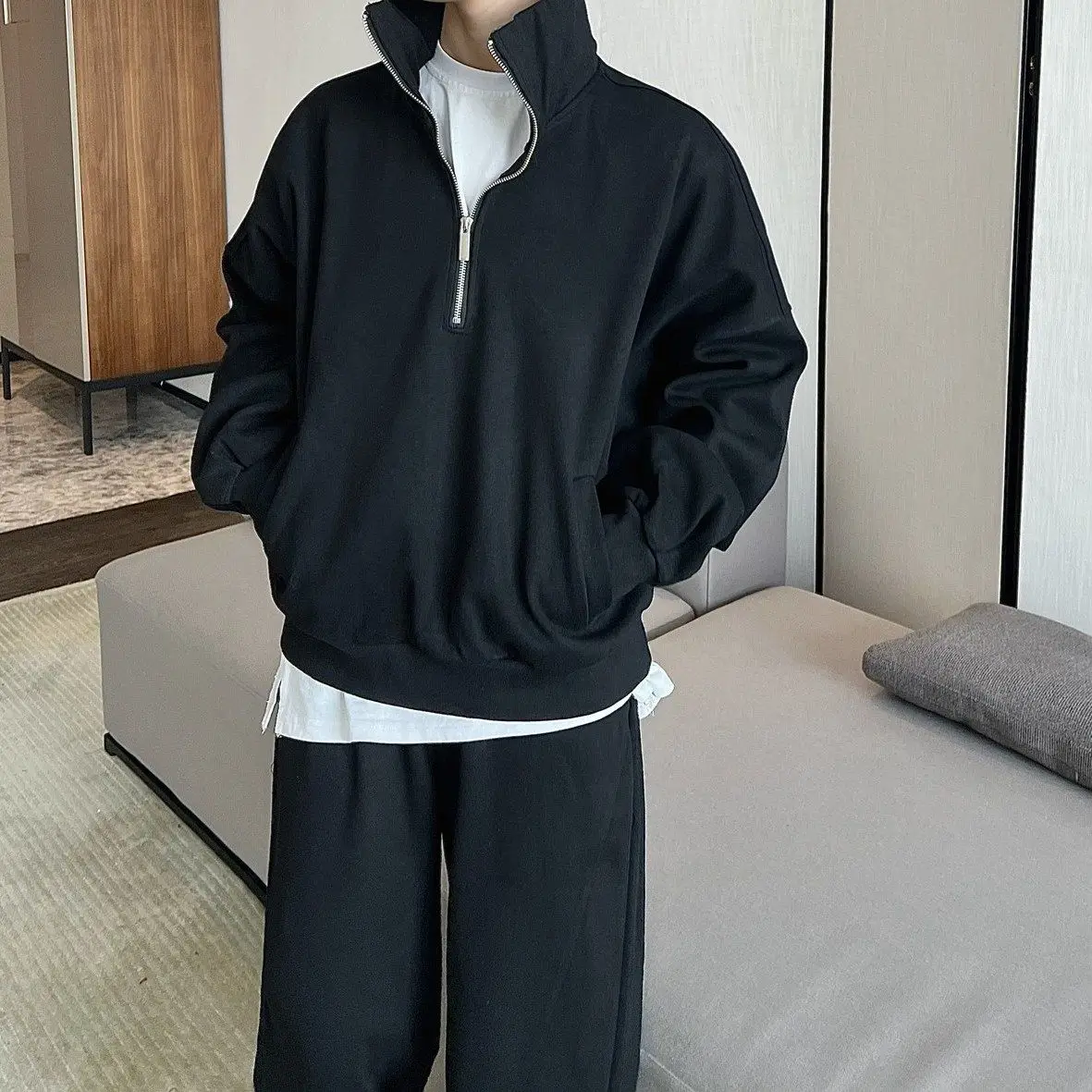Korean Harajuku High Street Solid Color Half Zipper Stand Collar Pullover Sweatshirts for Men Jacket Loose Casual Sweatshirt