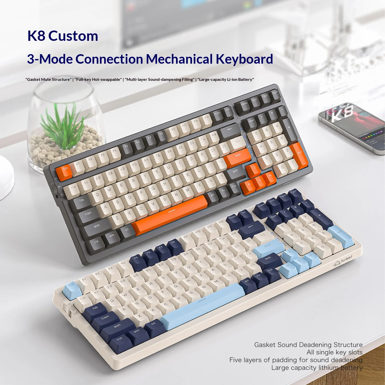 K8 100 Key Wireless Mechanical Keyboard Tri-mode Connection,Full Key Hot Swap,lighting Effects,Gasket Muffler Structure, Laptops