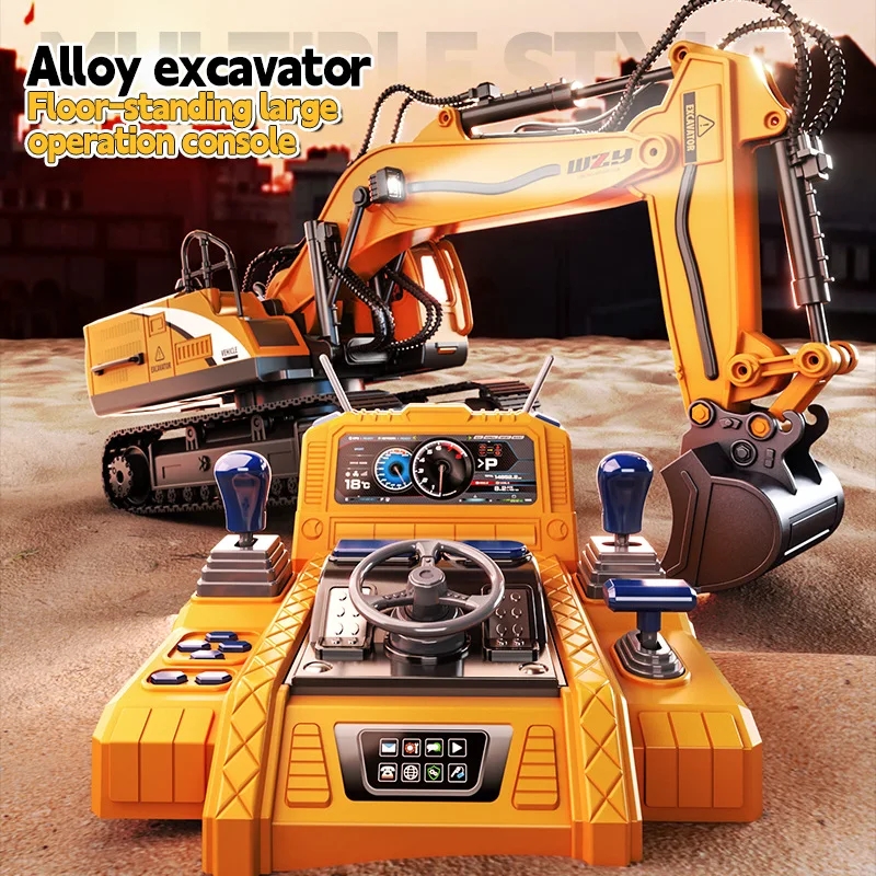 Large RC excavator toy, multifunctional console control engineering vehicle toy with LED lights and music