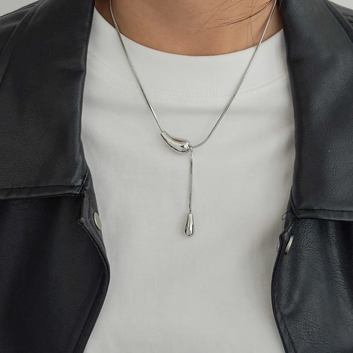 Simple Stainless Steel Water Drop Pendant Necklace Women New Trendy Long Thin Chain Necklace Aesthetic Waterproof Jewelry