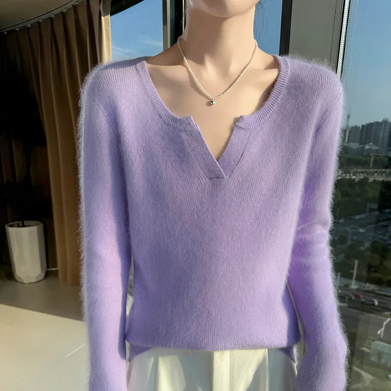 100% المنك الكشمير الخامس الرقبة المرأة البلوز سترة جديدة محبوك سليم صالح مثير الخريف والشتاء المرأة طويلة الأكمام قاعدة سترة