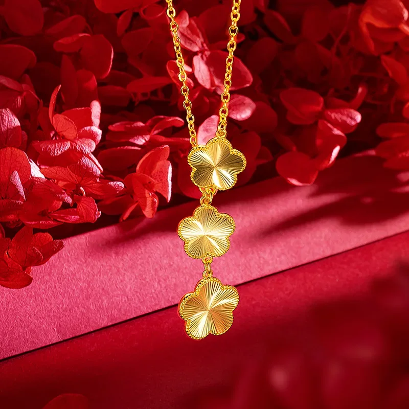 9999 Real Gold 24K Women's Light Luxury Super Flash Plum Blossom Set Fashion Laser Plum Blossom Bracelet Necklace Stud Earrings