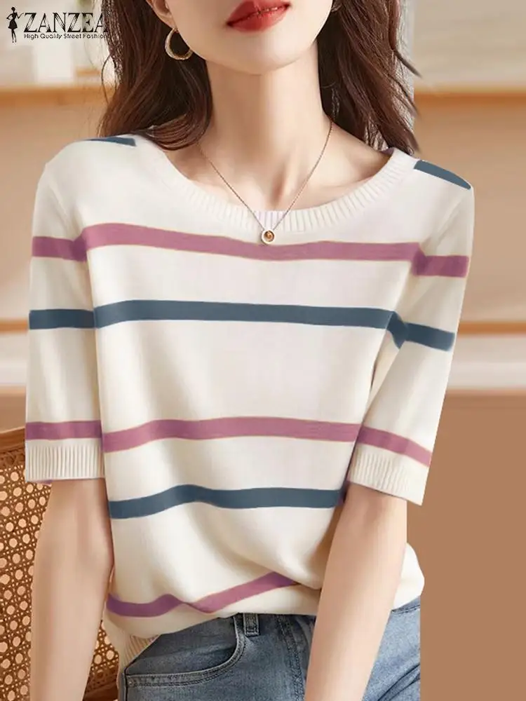 ZANZEA Korean Casual Knit T-shirt Women Harajuku Color Stripe Tees Blouse Summer Vintage Half Sleeve Tops 2024 Basic Loose Tops