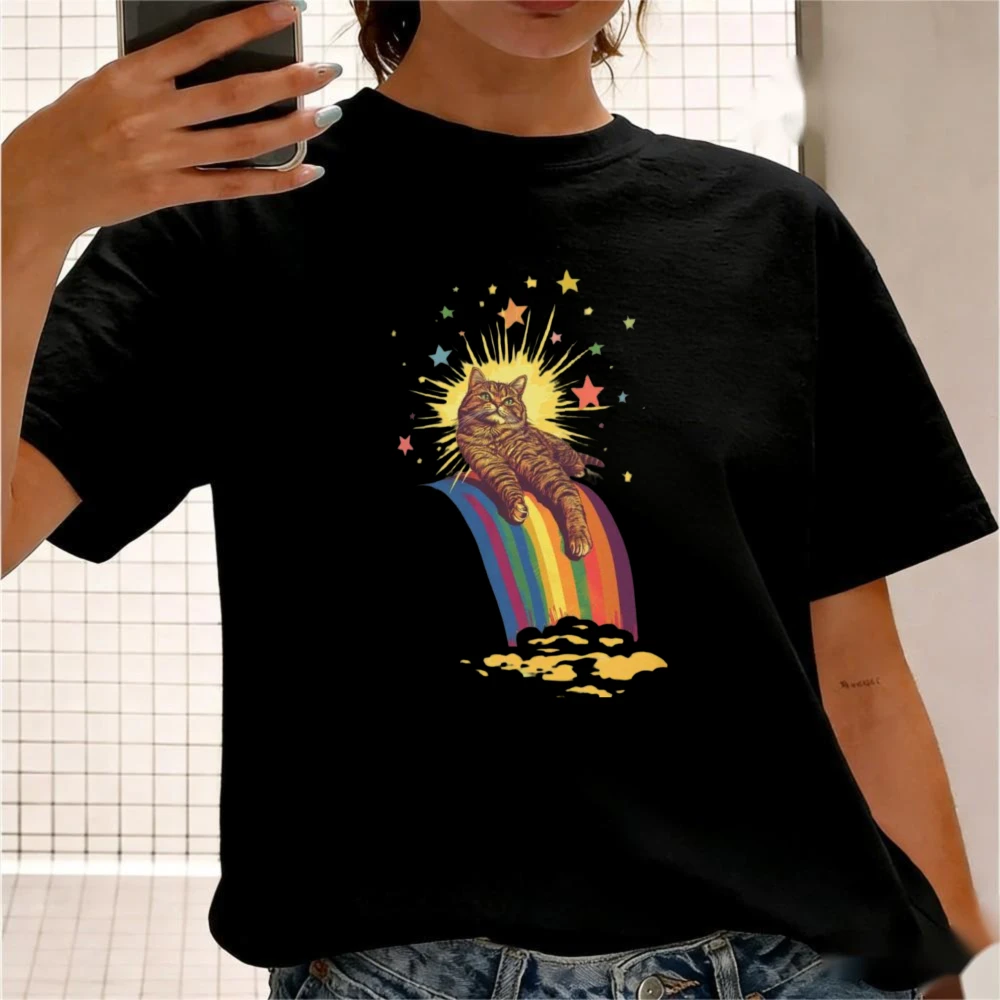 

Rainbow Tabby Cat Ringer Tee Women Cotton Vintage Hippie 70s Cat Lover Cute Funny Short Sleeve Tee Retro Aesthetic Casual Outfit