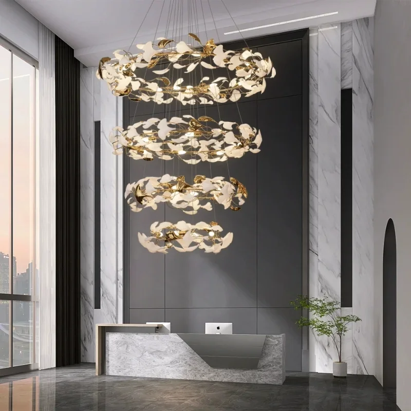 

Round Ginko Leaf Staircase Chandelier Light For Loft Stairsway Staircase Large Chandeliers For High Ceilings