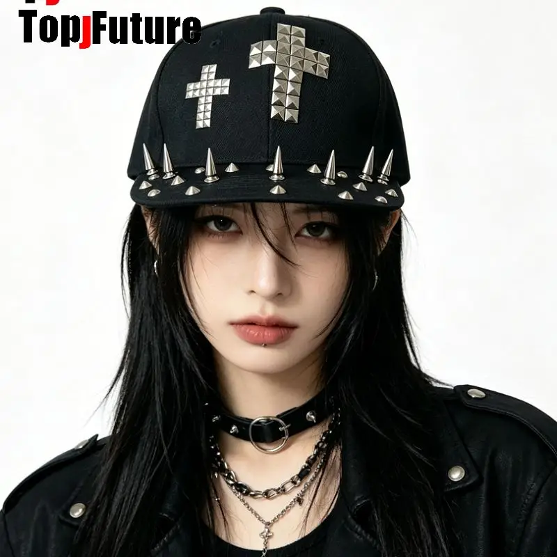 

Men Women Unisex Rivets Spike Y2K Girl Streetwear Hip Hop Flat Brim Baseball Cap Avant-garde Cross Decoration Sun Hat Punk Cap