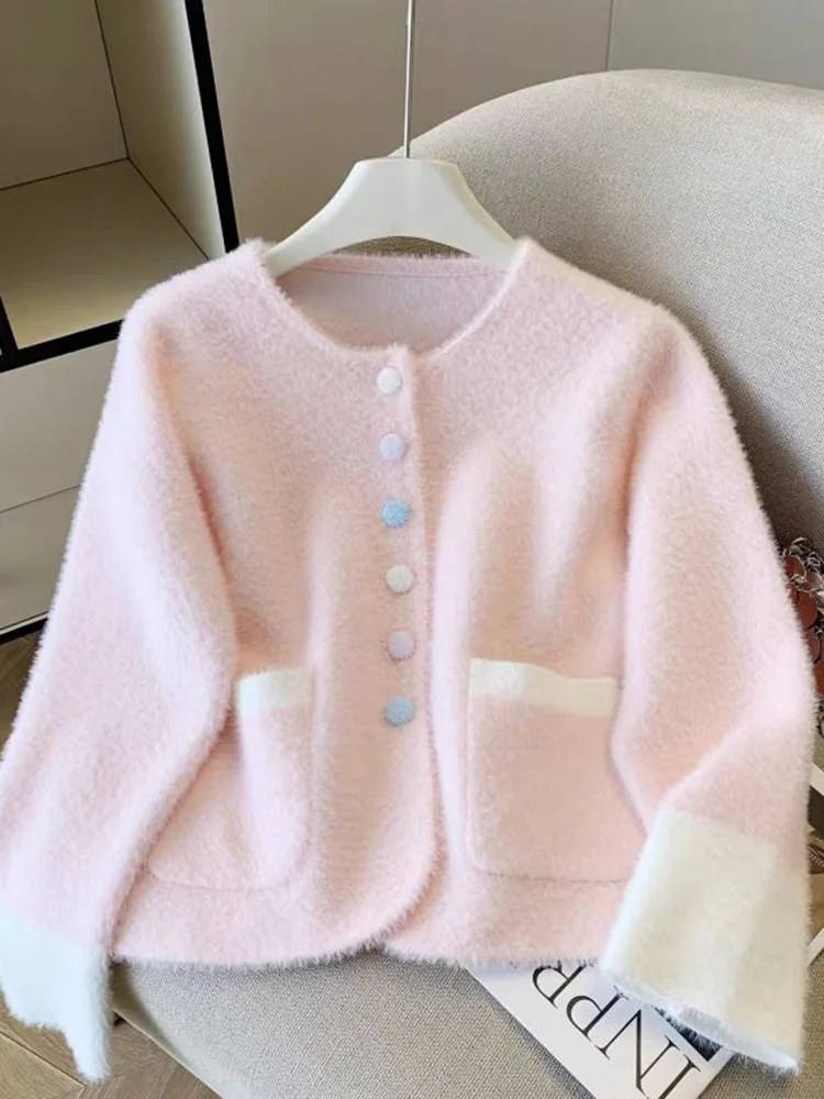 Faux Nertsen Kasjmier Zoet Vest Vrouwen Lange Mouw O Hals Elegante Gebreide Truien Koreaanse Herfst Winter Mode Zachte Zakken Tops