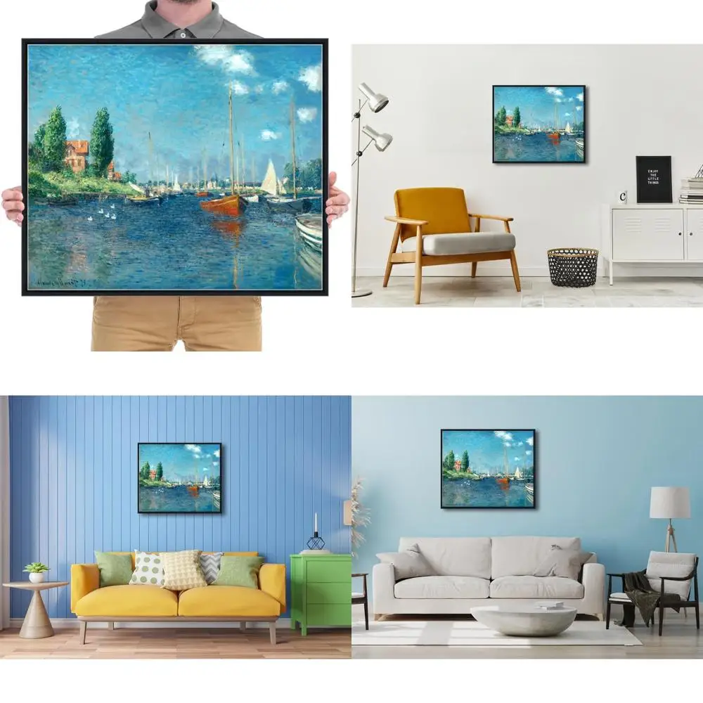 

Claude Monet's Red Boats at Argenteuil Impressionist Canvas Art - Black Framed for Home Decor