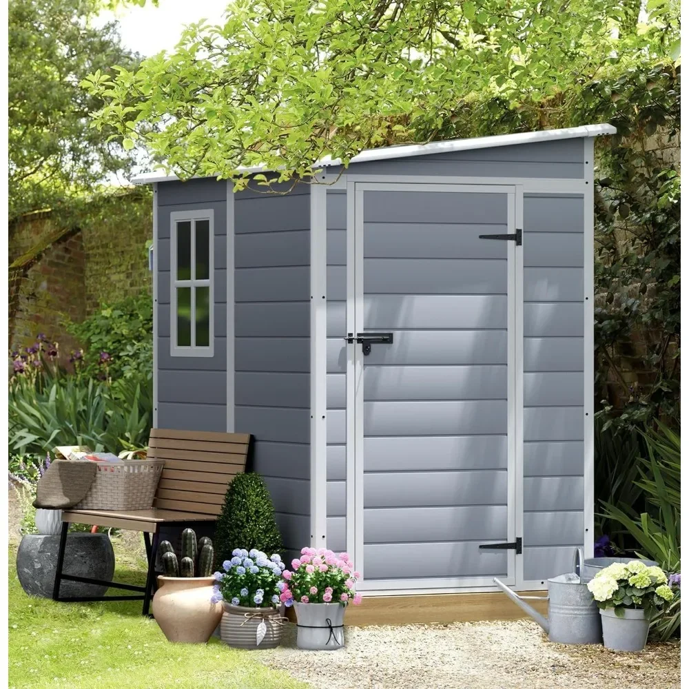 Outdoor Storage Shed, 5x4 FT Plastic Resin Shed with Floor, Garden Tool Sheds with Lockable Door for Patio Backyard Lawn