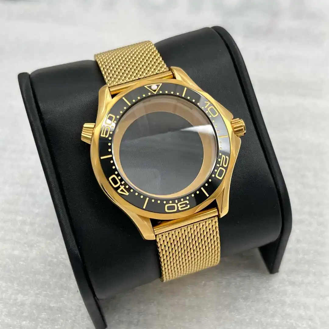 

41mm Modified Gold Watch Case With Mesh Strap Sapphire Crystal Suitable For NH35/NH36/NH38 Movement Watch Cases