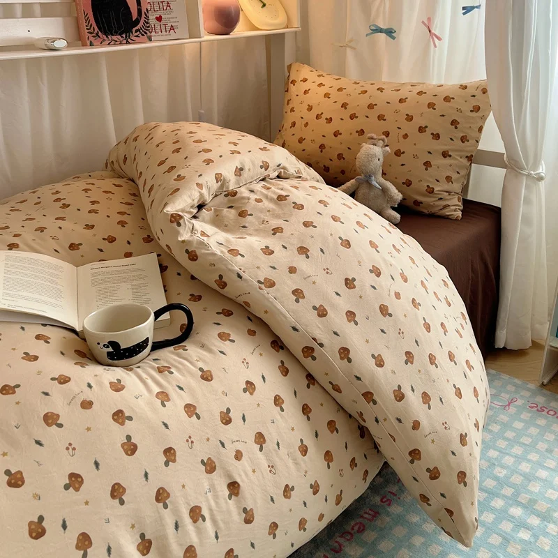 Bedding Set Double Layered Yarn INS Girls Mushroom Soft Washed Cotton Bed Sheet Queen King Size Duvet Set Pillowcase Bed Sheet