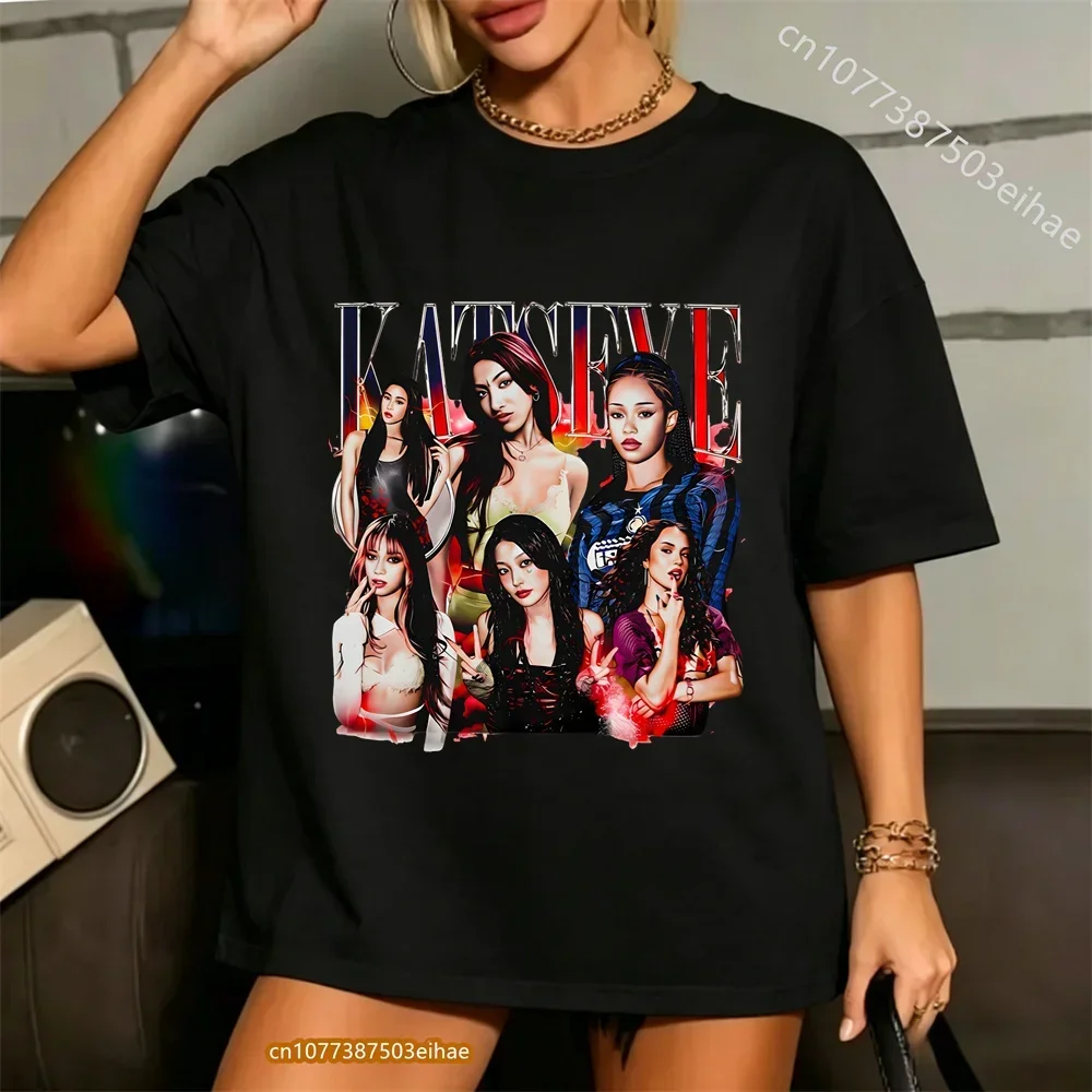 Kpop Korean Aesthetic Pop Music Girl Group Katseye Art Graphic Print Summer Daily Casual Wear Oversized Cotton Fashion Tops Tees
