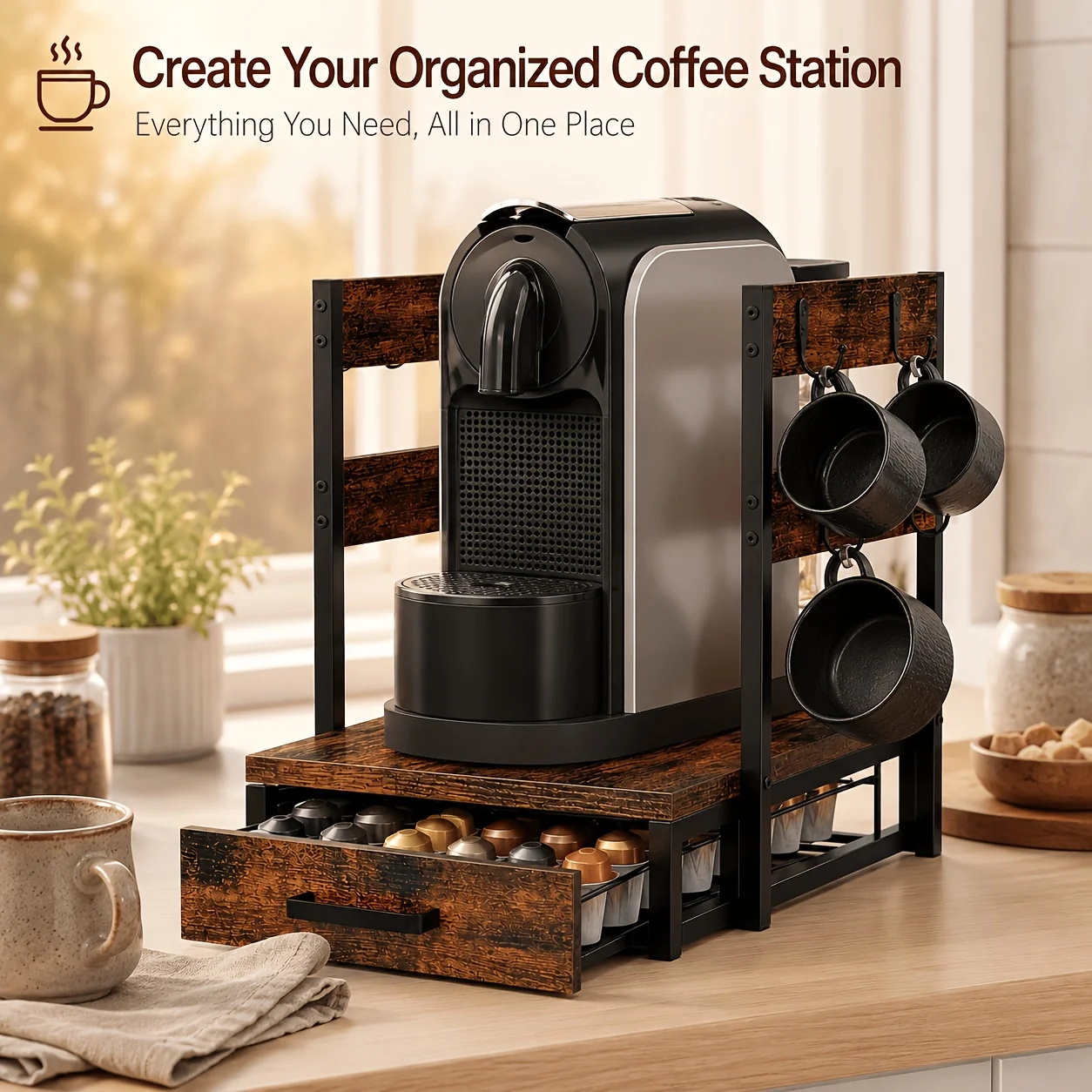 Wooden Coffee Station Organizer with Drawer