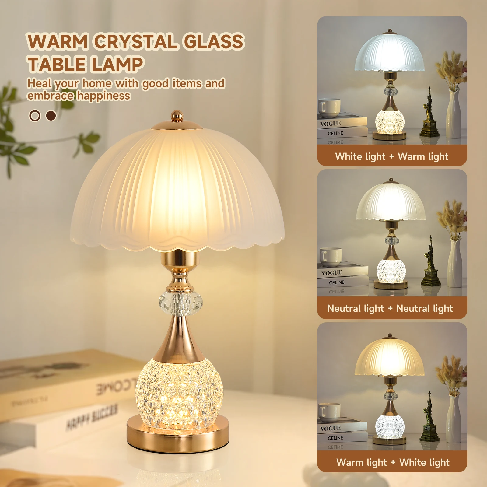 

Bedside Table Lamp Petal Light Luxury Crystal Push Button Switch Bedroom Living Room Den Control Dimming Warm Atmosphere Decorat