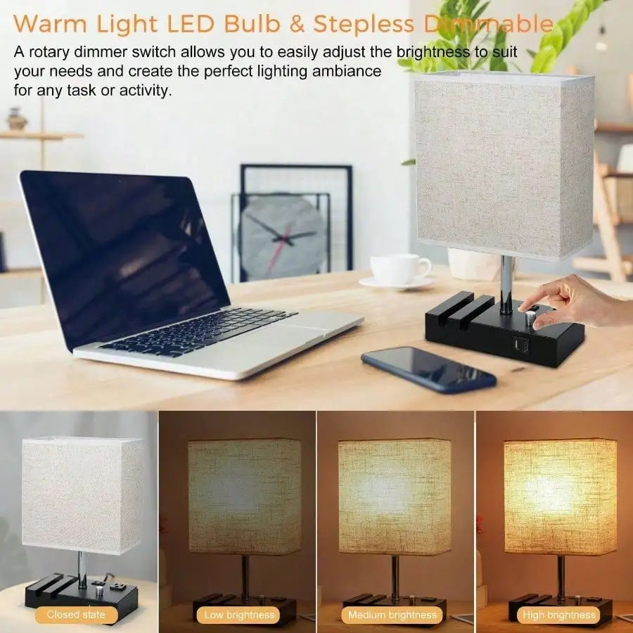USB 포트 2개와 AC 콘센트 2개가 있는 침대 옆 탁상 램프, 패브릭 갓이 있는 완전 조광 가능한 나이트스탠드 램프, 침실용 휴대폰 거치대 2개