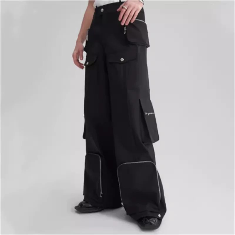 New men's zipper decorated straight leg pants casual three-dimensional pocket loose large size autumn winter micro wide leg pant