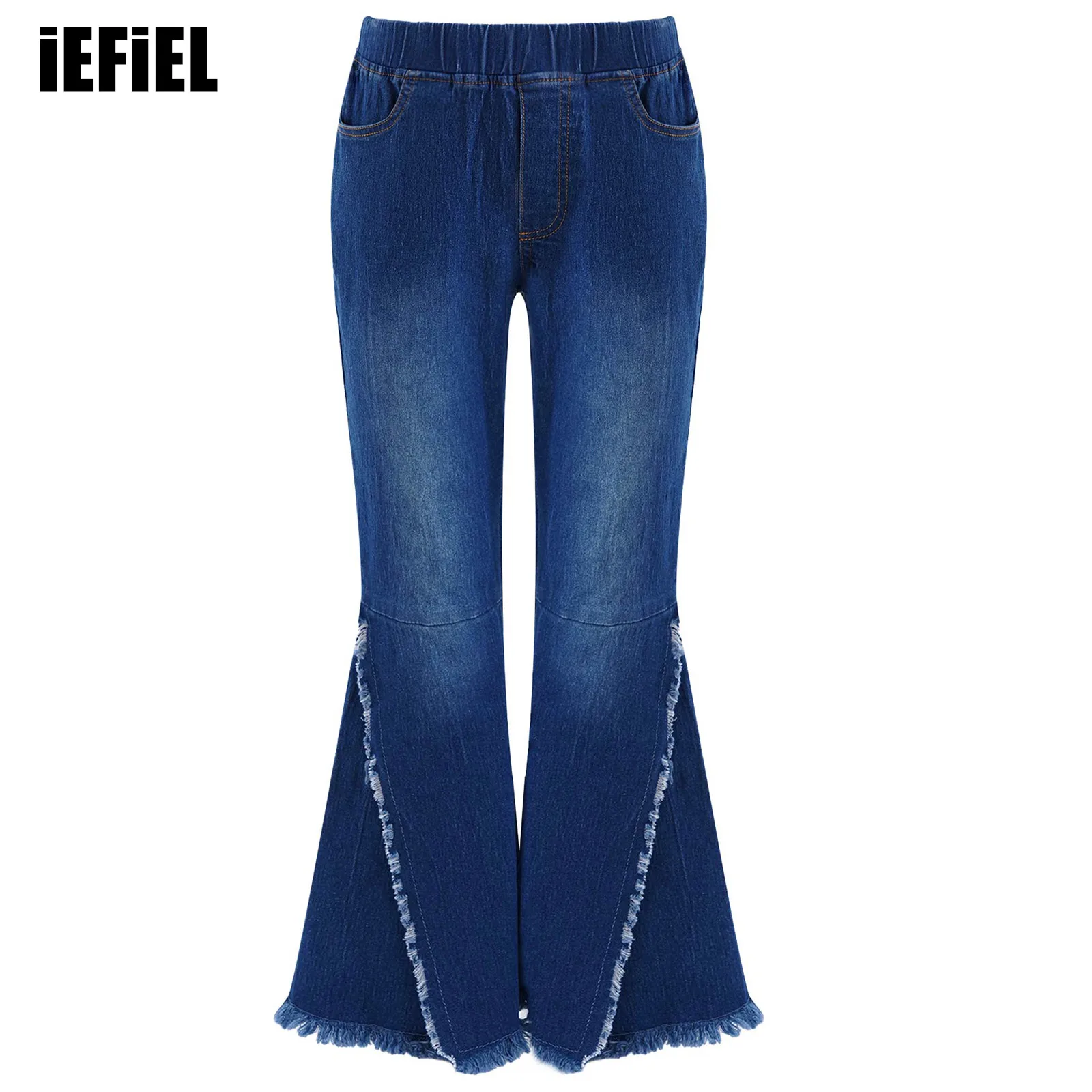 

Kids Girls Crisscross Ripped Bell-bottom Hem Denim Wide-leg Pants Stylish Clothing Elastic Waistband Casual Wide-leg Pants