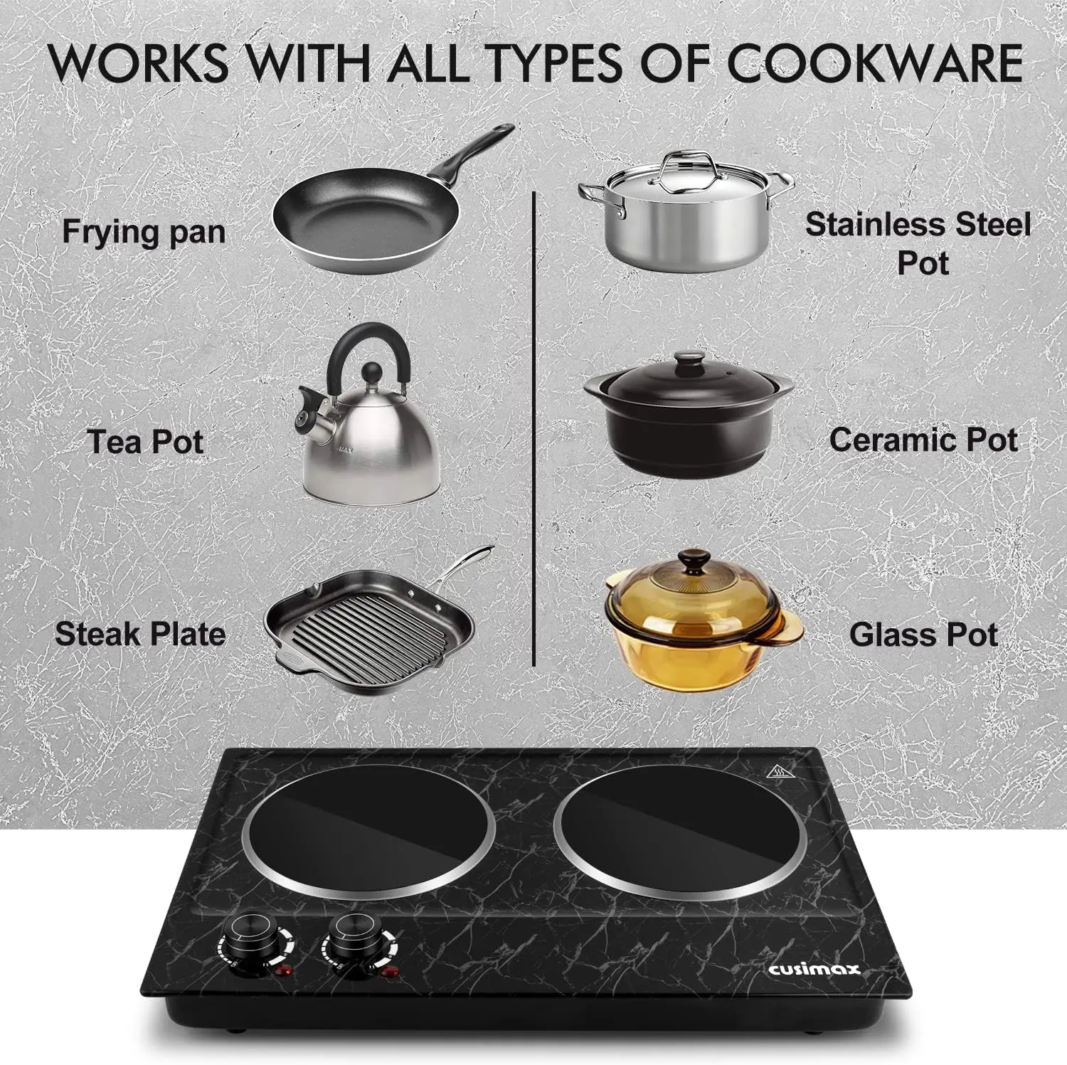 CUSIMAX Placa caliente eléctrica de doble quemador para cocinar, estufa portátil de doble control de 1800W Quemador eléctrico de encimera Cocina infrarroja