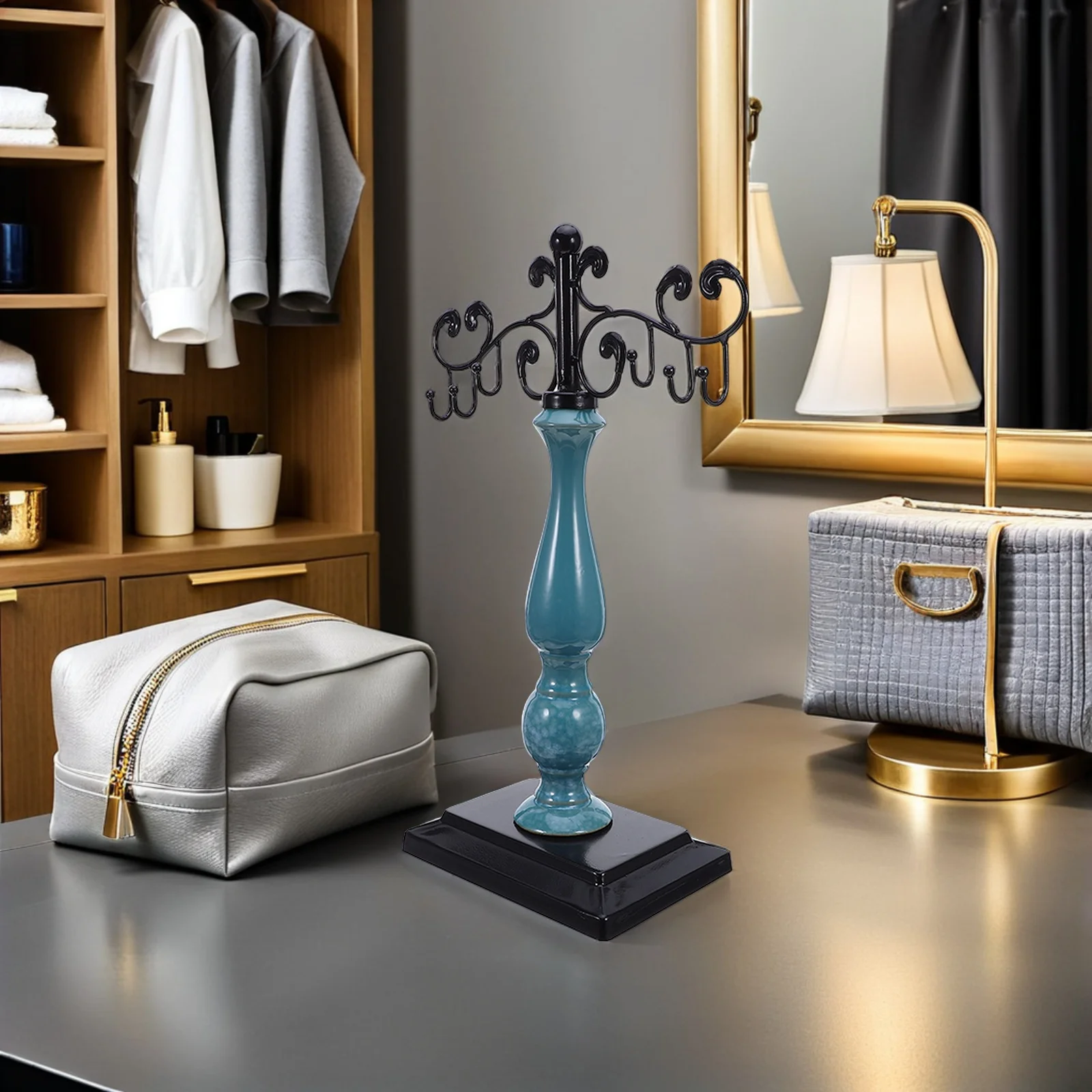 

Jewelry Display Stand Metal Gourd Pillar With Hooks Ceramic Tray Necklace Bracelet Earring Organizer For Tabletop Vanity