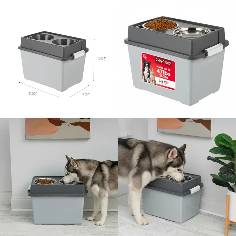 

Dog Bowls Elevated with Storage, 15 H Raised Feeding Station, Dog Bowl Stand with Airtight Food Storage Holds 47 lbs, 2 Removab