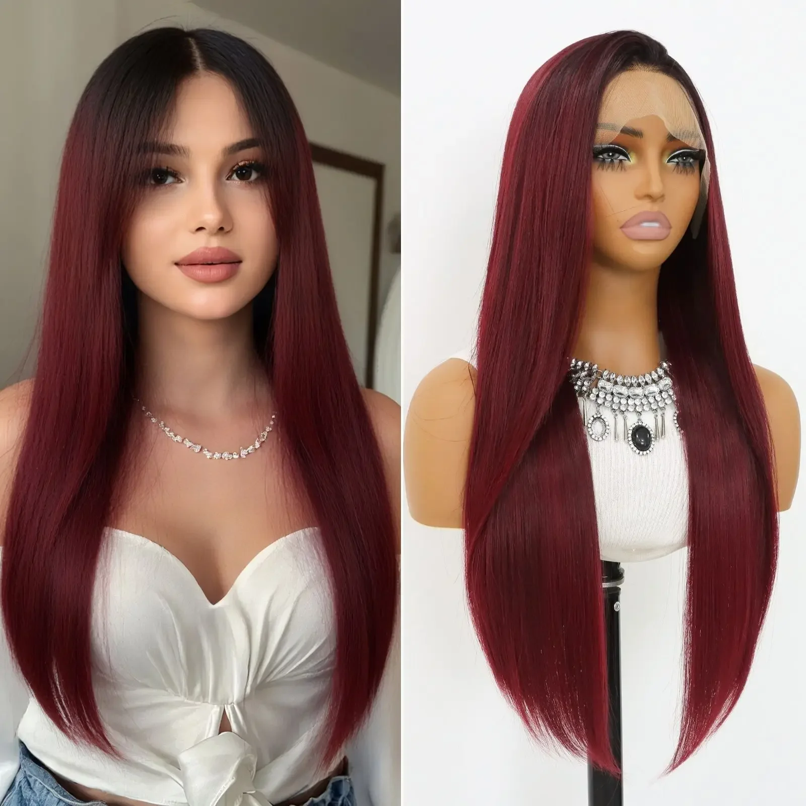 

Soft 26” Long Ombre Wine Red Straight Hair Lace Front Wig For Women With Preplucked Natural no glues Hairline daily use