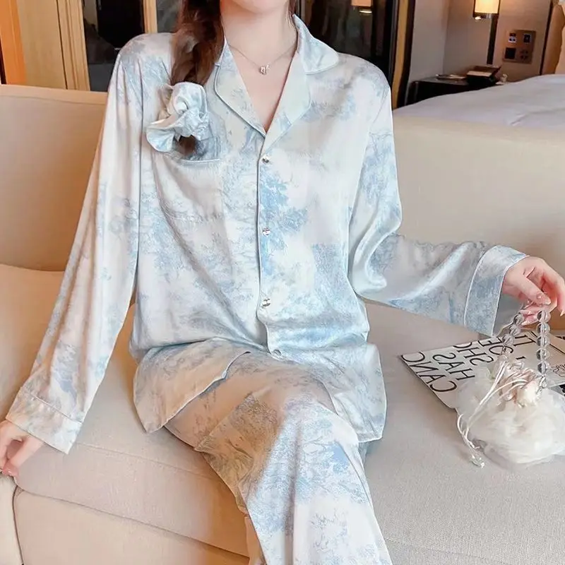 Women Silk Sleepwear Long Sleeve Tops Pants Pajama Sets Nightwear Big Size Luxury Brands Loungewear Summer Eveningwear