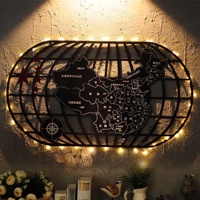 

Retro wrought iron world map wall pendant bar coffee shop wall industrial wind wall decoration