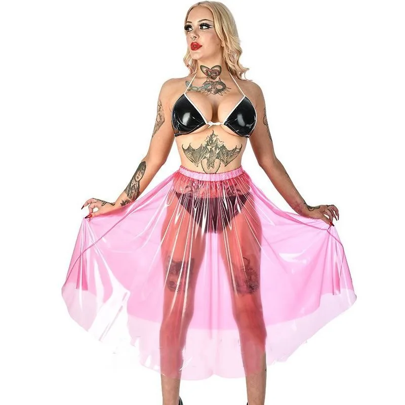 المرأة السيدات المنصة البلاستيك تنورة المتخصصة ميزة PVC شفافة دعوة مثير مرونة الخصر تنورة التوابل فتاة T الشارع تنورة