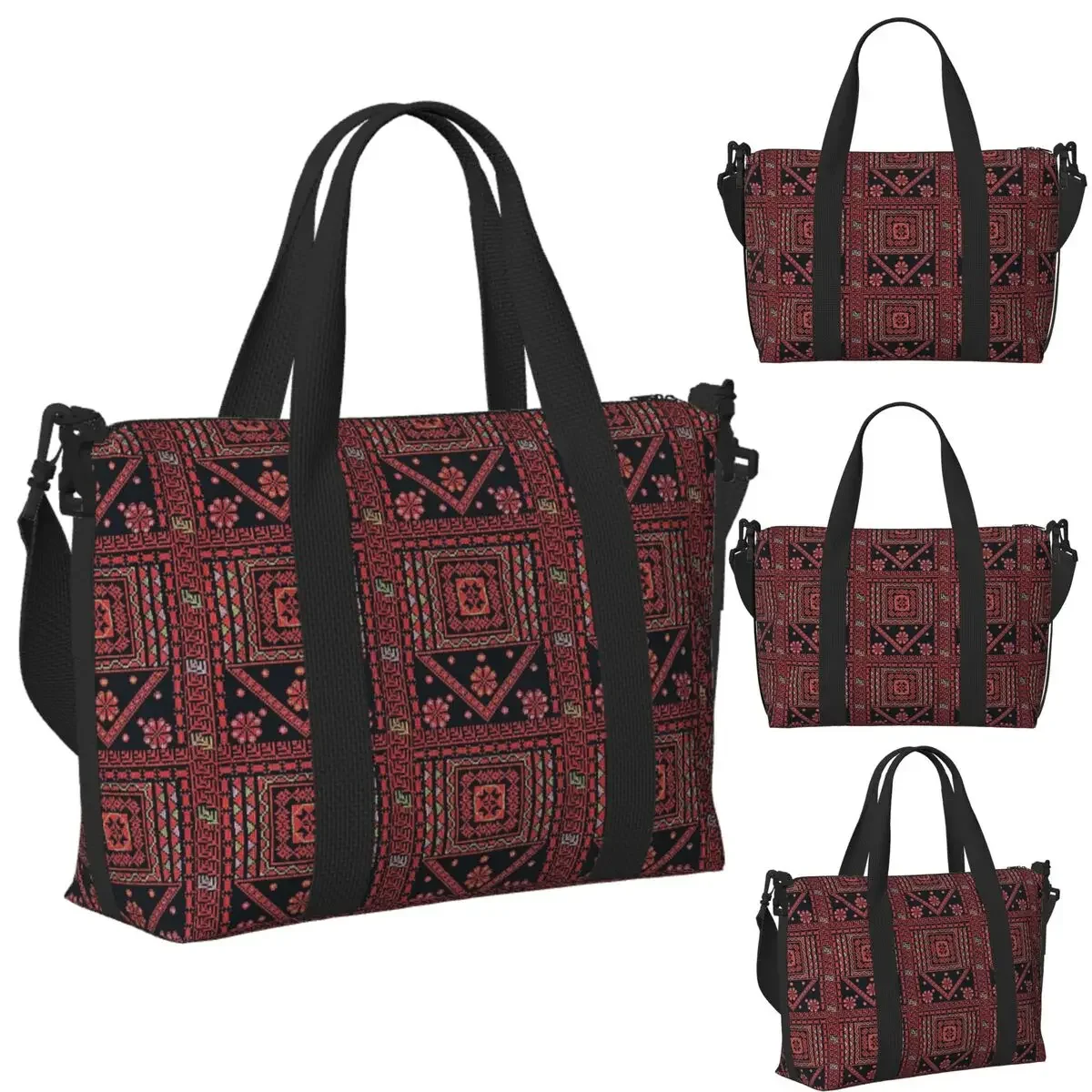 Custom Three Flowers Palestinian Embroidery Beach Travel Bag Tote Bags For Gym Yoga Women Shopping Duffle Shoulder Bag