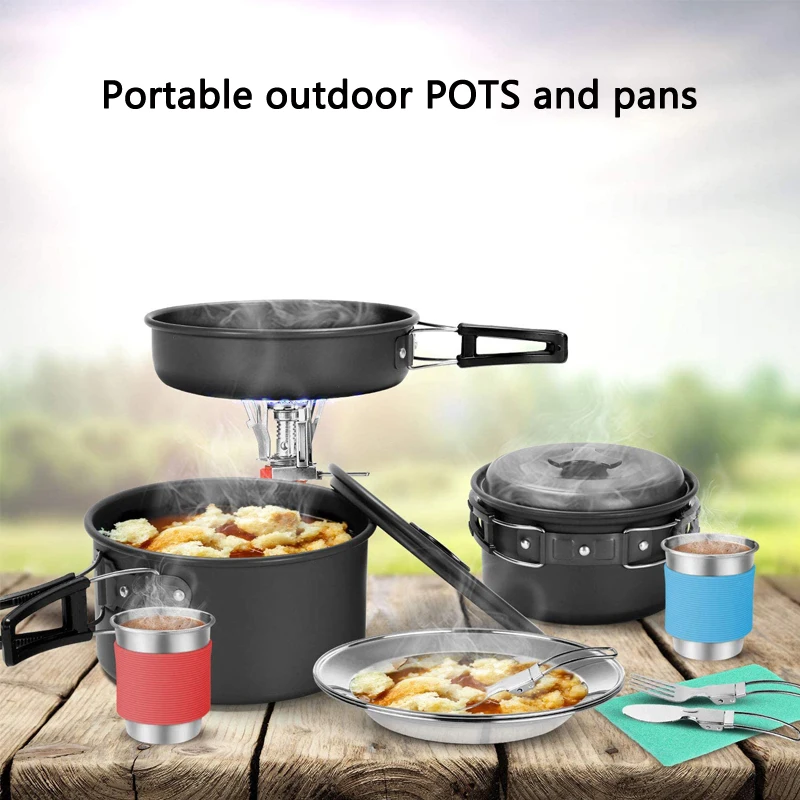 

Outdoor Camping Cookware Set inox Portable Hiking Cookware Sets Grill Pan Camping Cooking Pot Non Stick Teapot Set combination