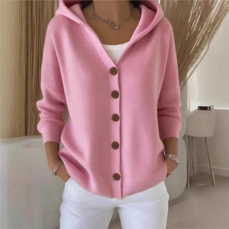 

Simple Casual Woman's Hooded Sweater Cardigan 2025 Knitted Solid color Single Breasted Button Long Sleeve Warm Knitwear Outfits