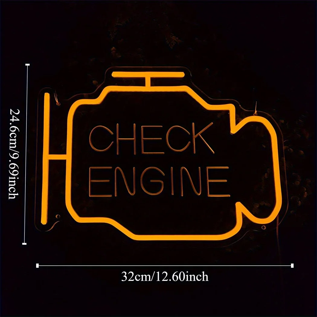 Immagine 4: Insegna LED Neon 'Check Engine' con Luce Ambrata, Alimentazione USB, Decorazione da Parete per Camera da Letto, Garage, Feste e Ambienti Commerciali