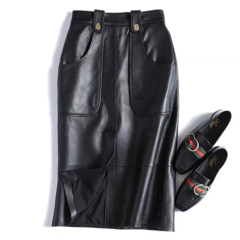 Fashion New Genuine Leather Skirt for Women Office Lady Sheepskin Wrap Big Pockets Long Faldas Mujer Mid Length Front Slit Saia