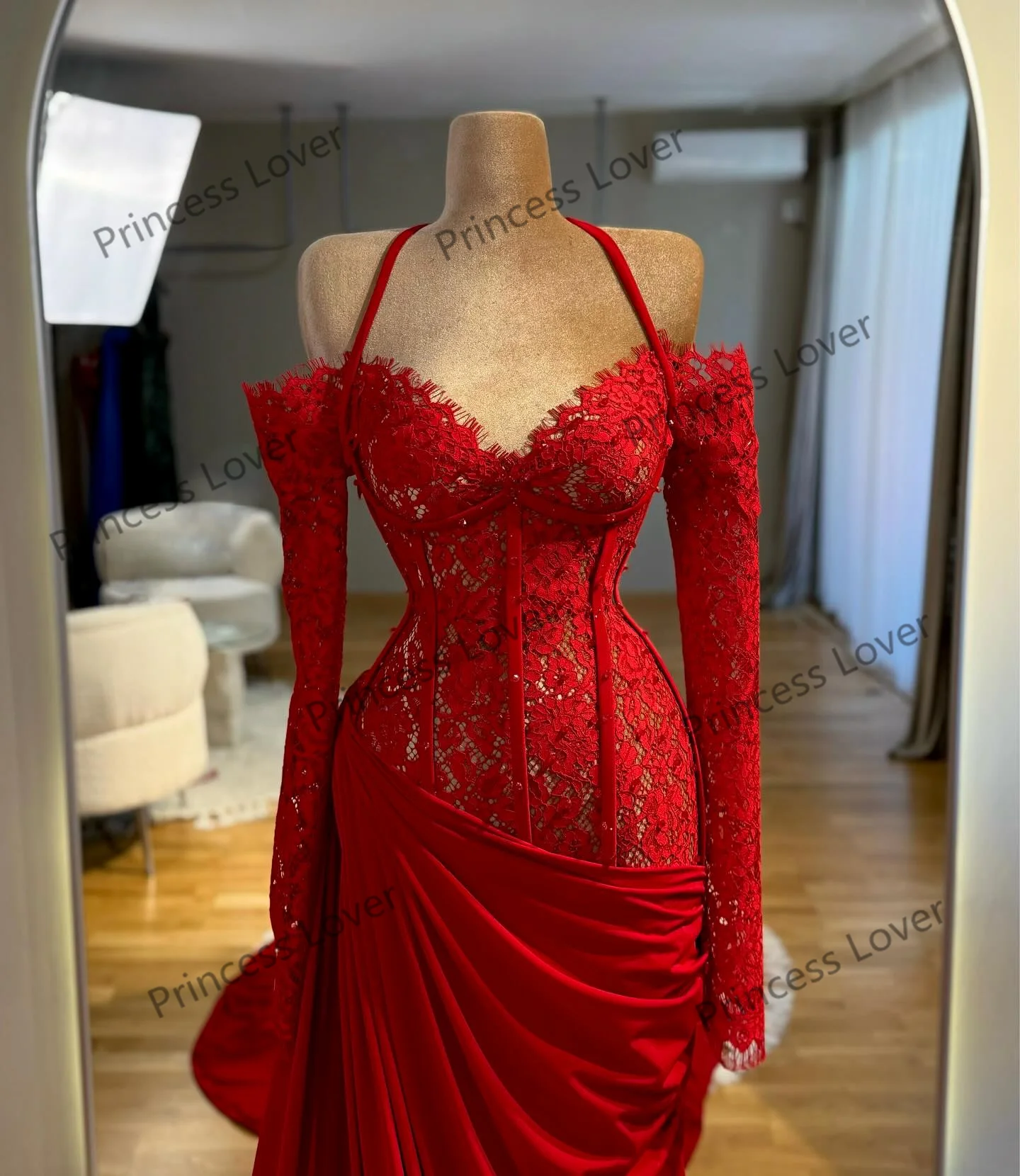 Robes de soirée en dentelle rouge, manches longues, robe de soirée de mariage sur jupe, épaules dénudées personnalisées, robe de bal formelle