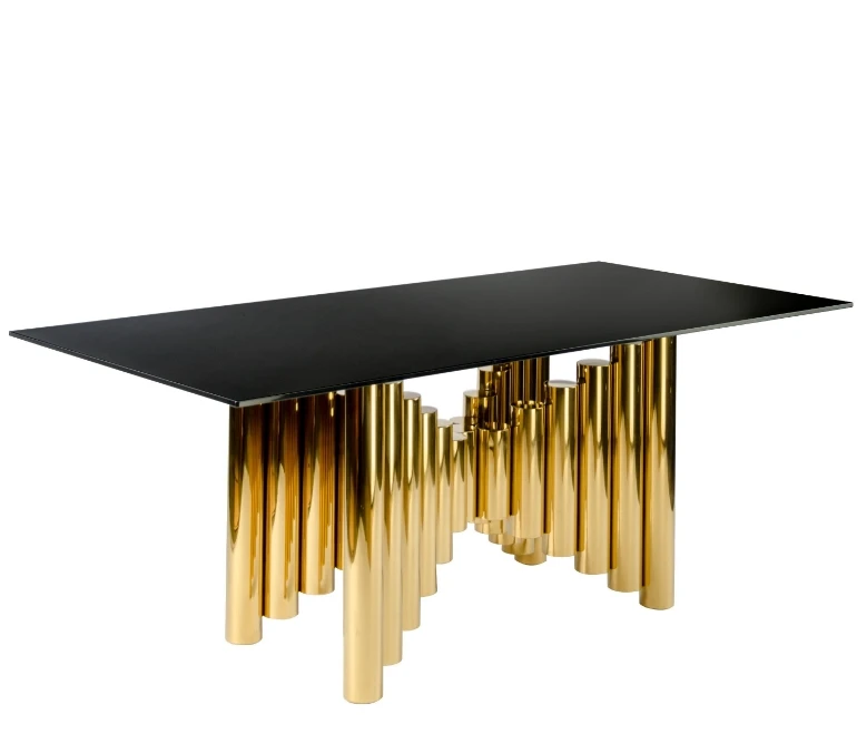 

bv-2023 Rectangle Dining Table Luxury Stainless Steel With Black Glass Table Top for 6 People·