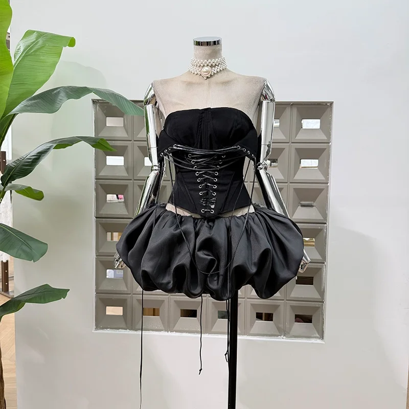 

Модный комплект с юбкой-баллоном и поясом в стиле High Street, утягивающий фигуру, новый дизайн 2026 года, короткий рукав, модный комплект для...