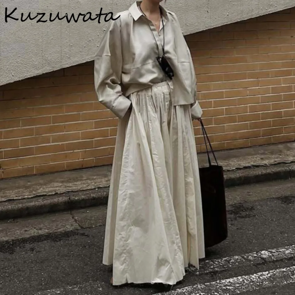 Kuzuwata 2025 Early Spring Moda Vintage A-line Skirt Ruched High Waist Slim Soft Loose Faldas Japanese Wide Type Minority Mujer