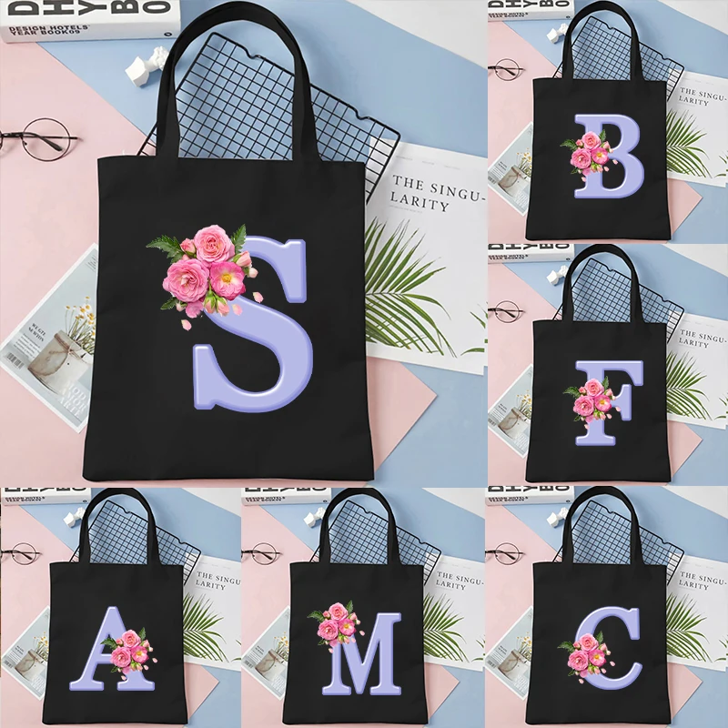 Flower 26 Alphabet Tote Bag Women Large Capacity Shoulder Bag Rose Letters Shopping Bags Female Bacherlette Party Commuter Bag