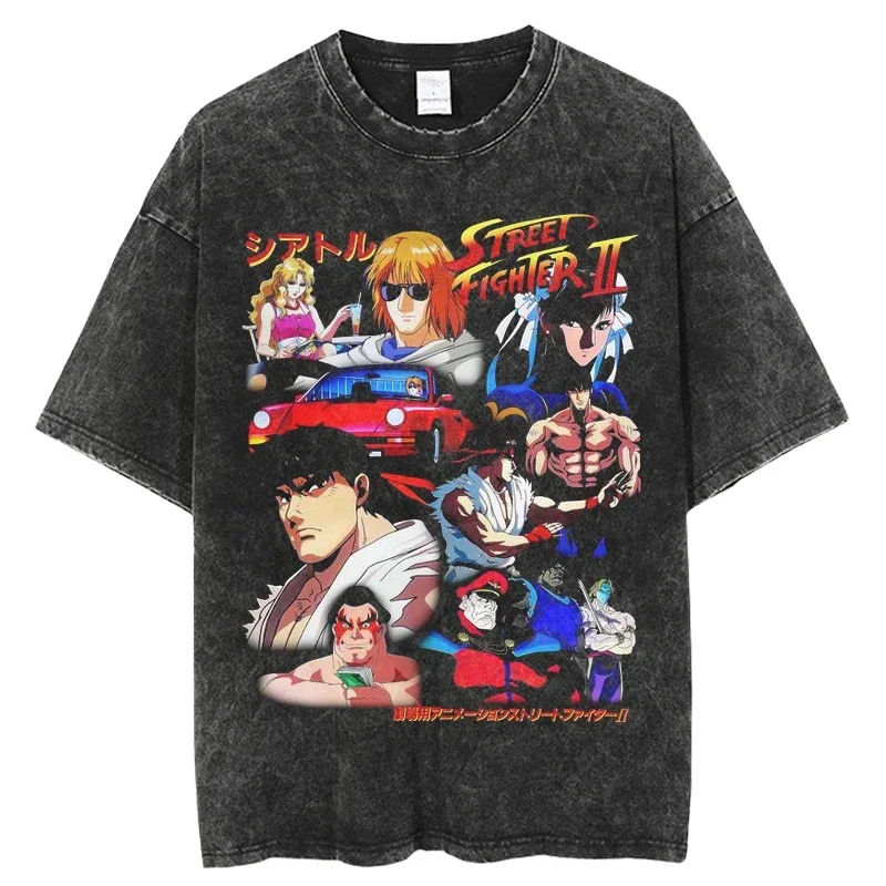 

Men Tshirt Short Sleeve Hip Hop Streetwear Shirt Vintage Washed T-Shirt Harajuku Japanese Animes Street Fighter T Shirt