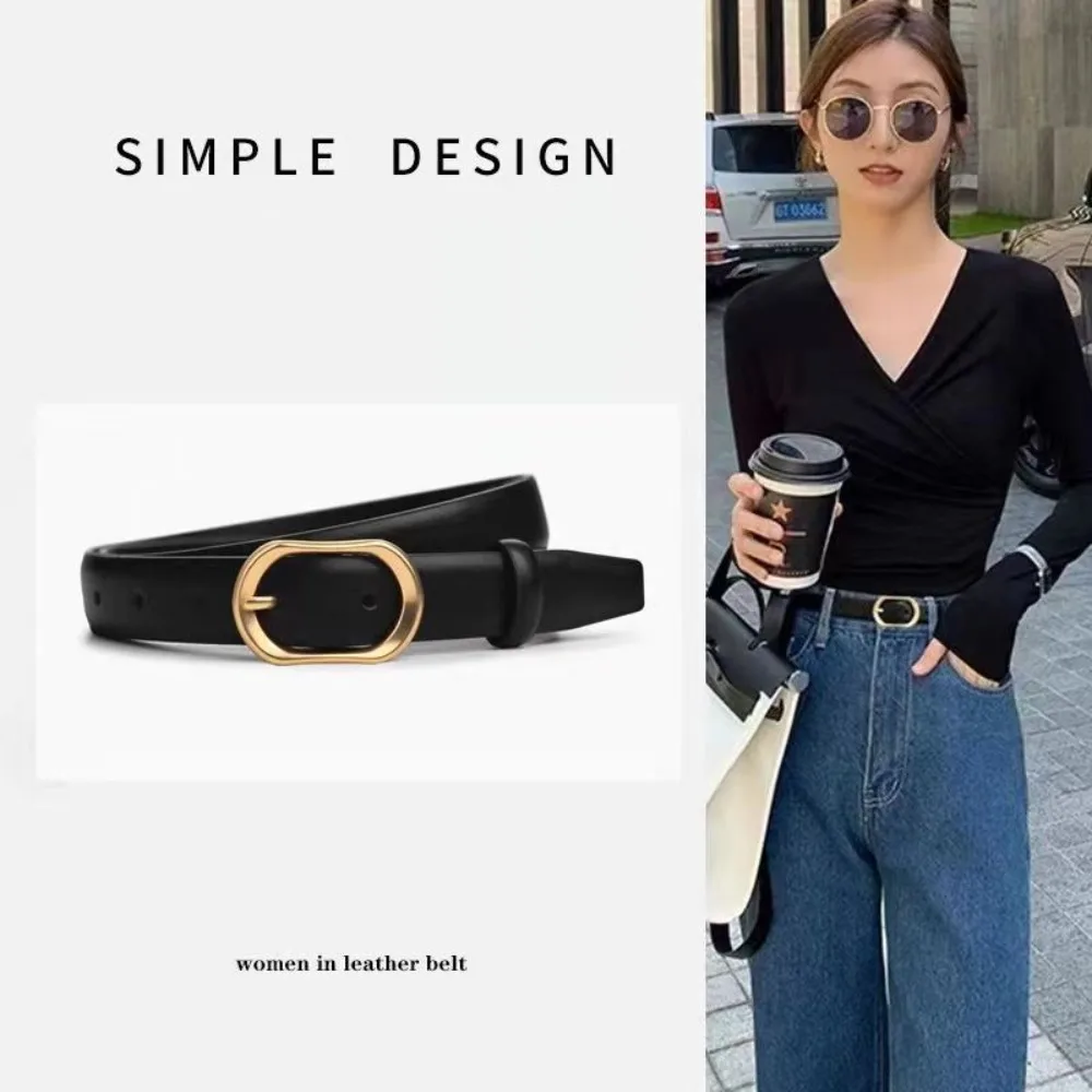 

With Gold Buckle Women's Skinny Leather Belt Adjustable Stylish Fashion Leather Waist Belts Ladies Thin Soft Waistband Jeans