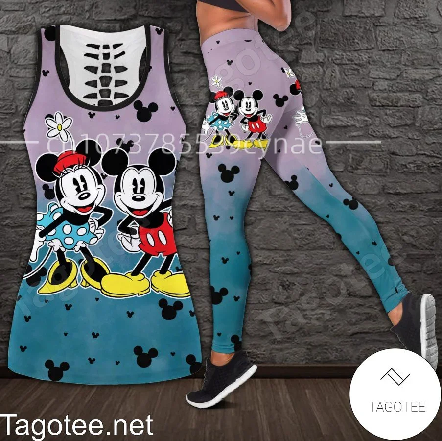 Disney Minnie Mickey Women\'s Hollow Out Tank Top+Women\'s Leggings Yoga Set Fitness Leggings Sports Set Tank Top Leggings Set