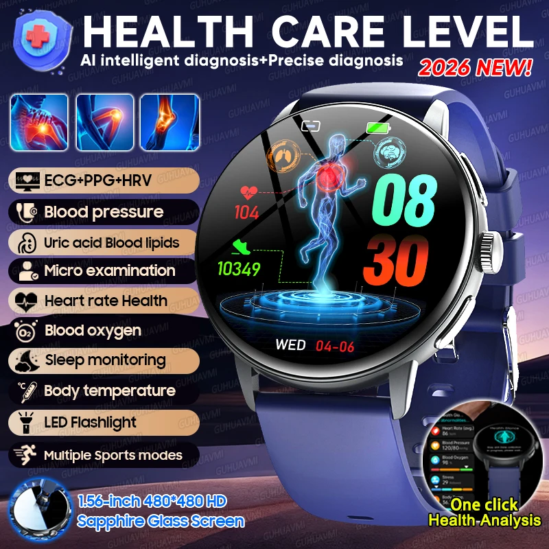 

2026НОВИНКА Уход за здоровьем Точное обнаружение SmartWatch ЭКГ + HRV Анализ крови Артериальное давление Bluetooth Вызов Смарт-часы для мужчин и женщин