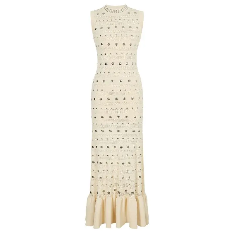 

Elegant Long Sleeveless round Neck Knitted Slimming Dress Quality Women's Fashion Summer New Style with Rivets Versatile Dress