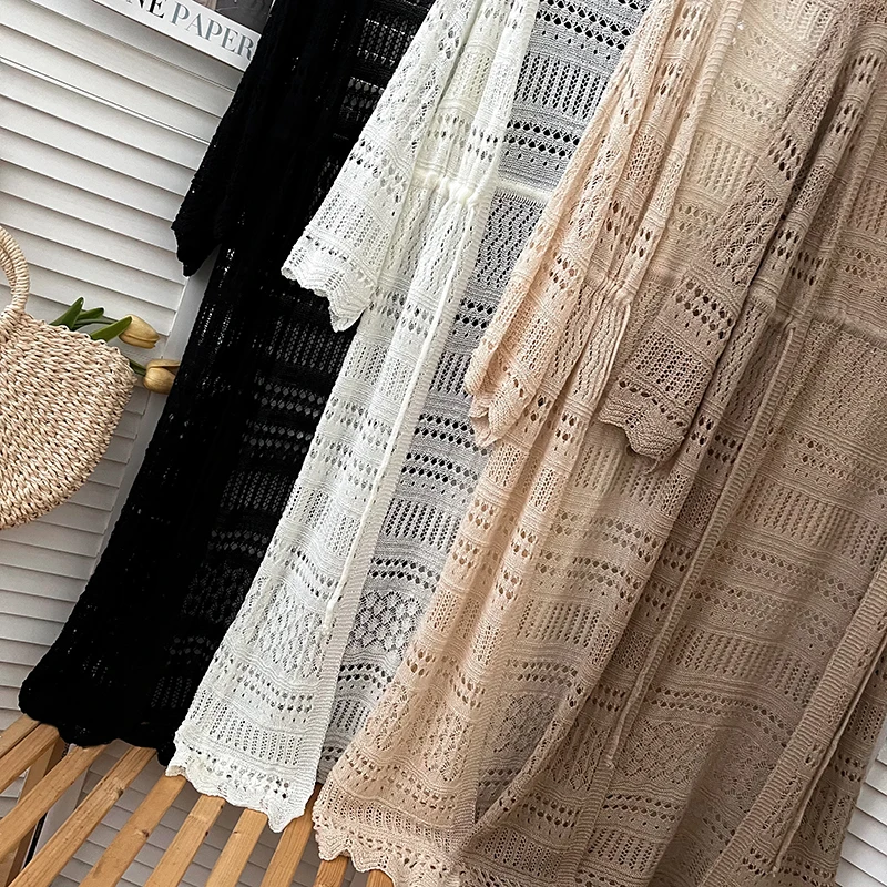 New Solid Summer Knitted Cardigan Long Sleeve Sweater Women Hollow Out Casual Bandage 2024 Loose Medium-long Cardigans Mujer