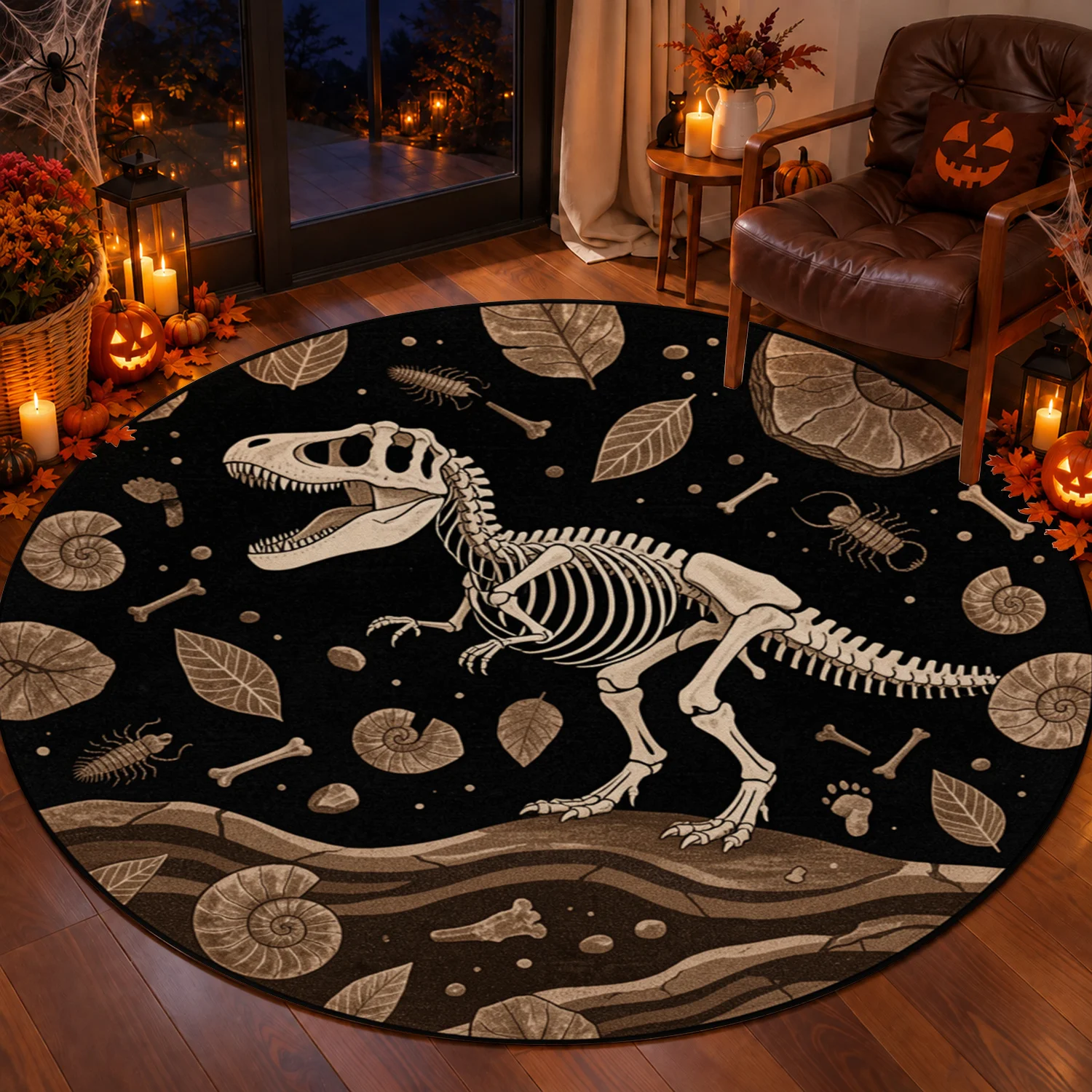 Dinosaur Fossil Skeleton Round Velvet Rug Machine Washable for Living Room Bedroom Office Dining Room Halloween Thanksgiving Black Friday Christmas New Year Decor