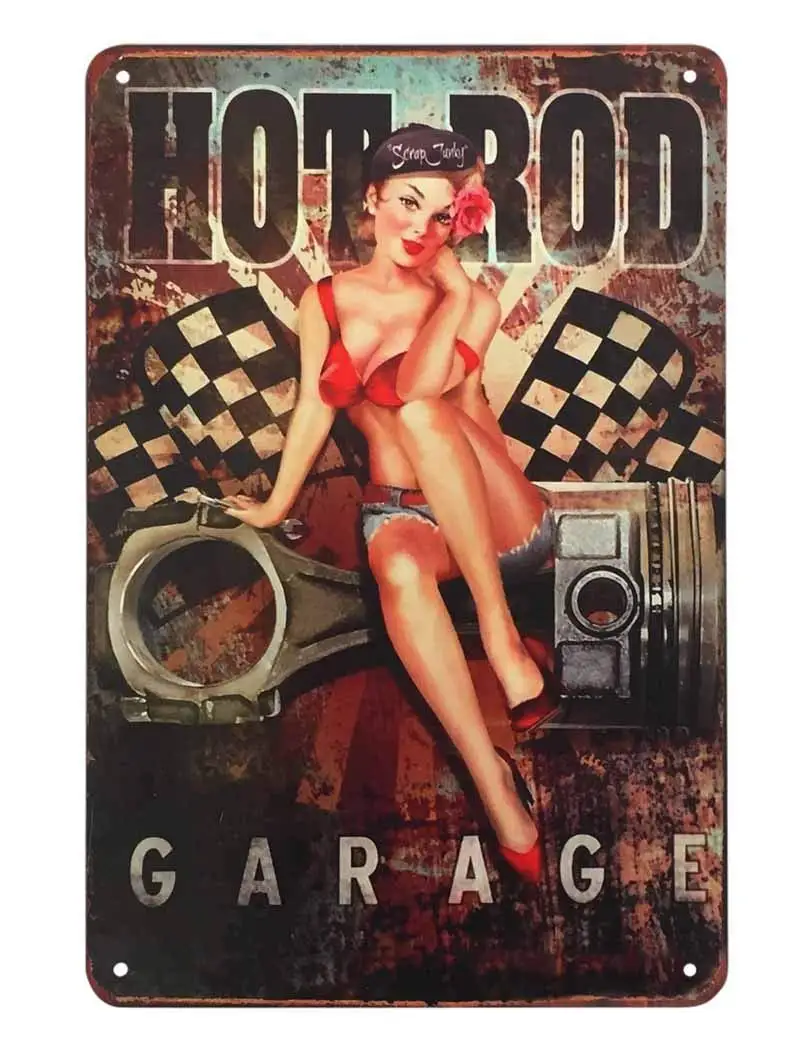 AOYEGO Pin Up Girl Tin Sign,Hot Rod Garage Woman Beautiful With Bikini Sit Auto Parts Vintage Metal Tin Signs for Cafes Bars Pub