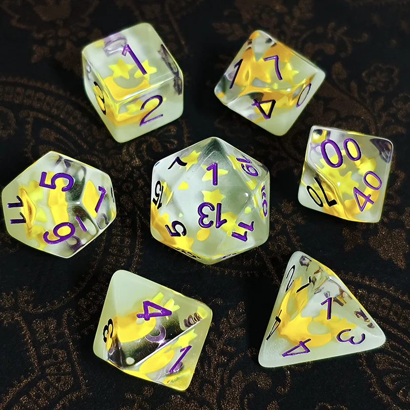 7 قطعة/المجموعة مضيئة نرد متعدد السطوح نجوم القمر الراتنج مجموعة نرد عدد الزينة ل DND TRPG ألعاب مجلس ألعاب اكسسوارات