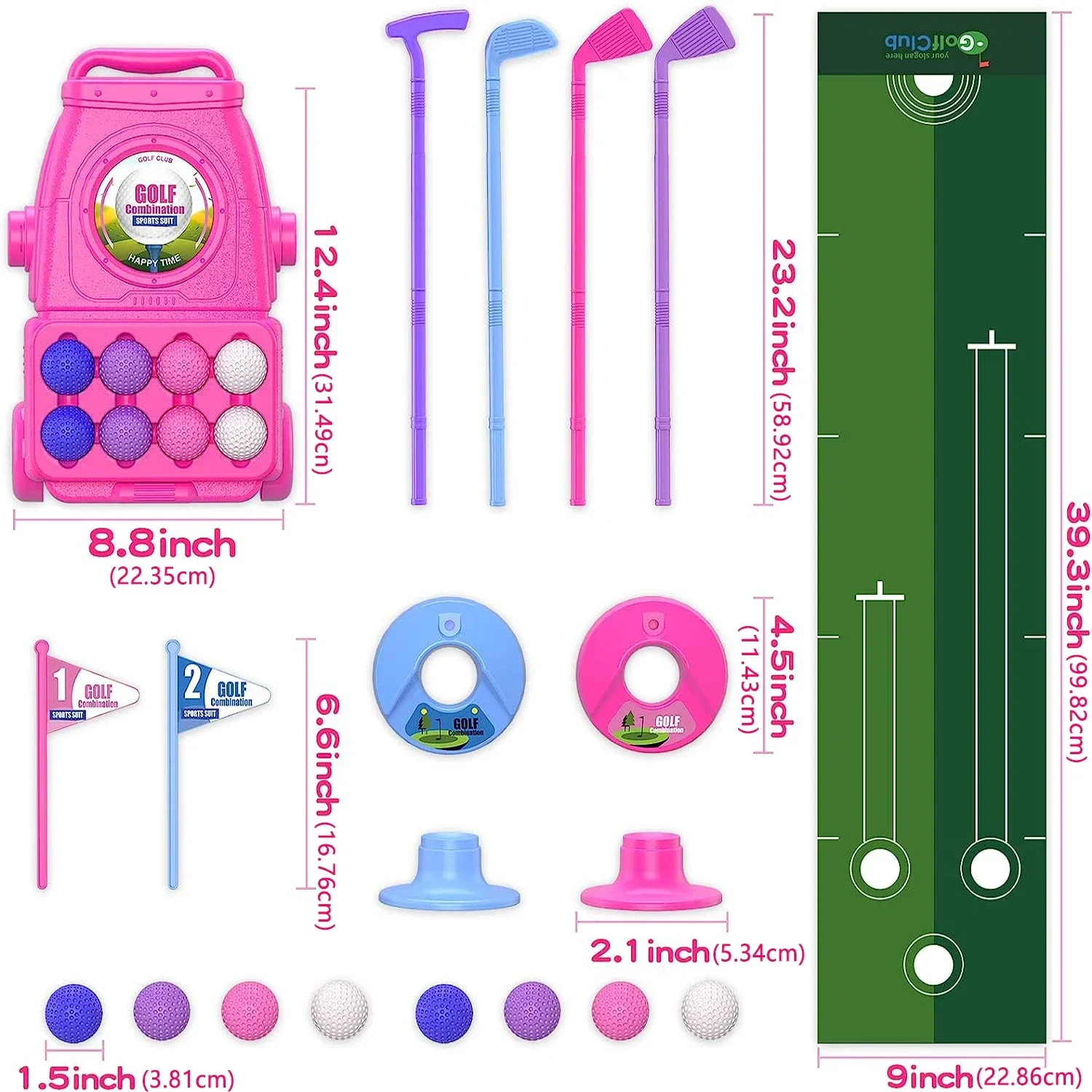 Juego de palos de Golf rosa para niños con estera de colocación, 4 palos de Golf para niños pequeños, carrito de Golf con ruedas, juguete deportivo para interiores y exteriores para niños