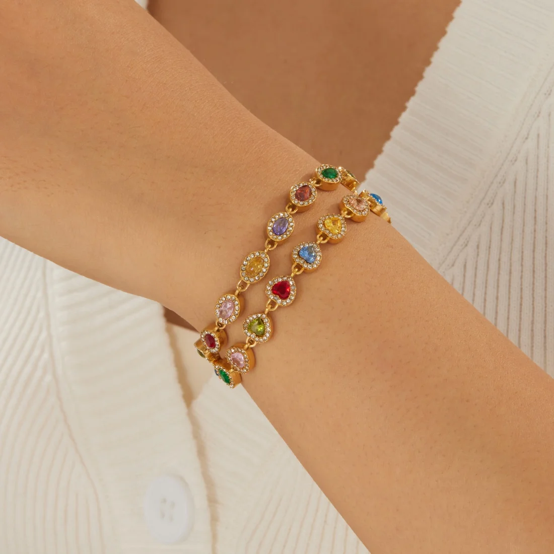 LAMENGLY 316L Stainless Steel Fun Colorful Zircon Inlay Oval Heart Series Connection Bracelet Women Noble Elegant Hand Chain